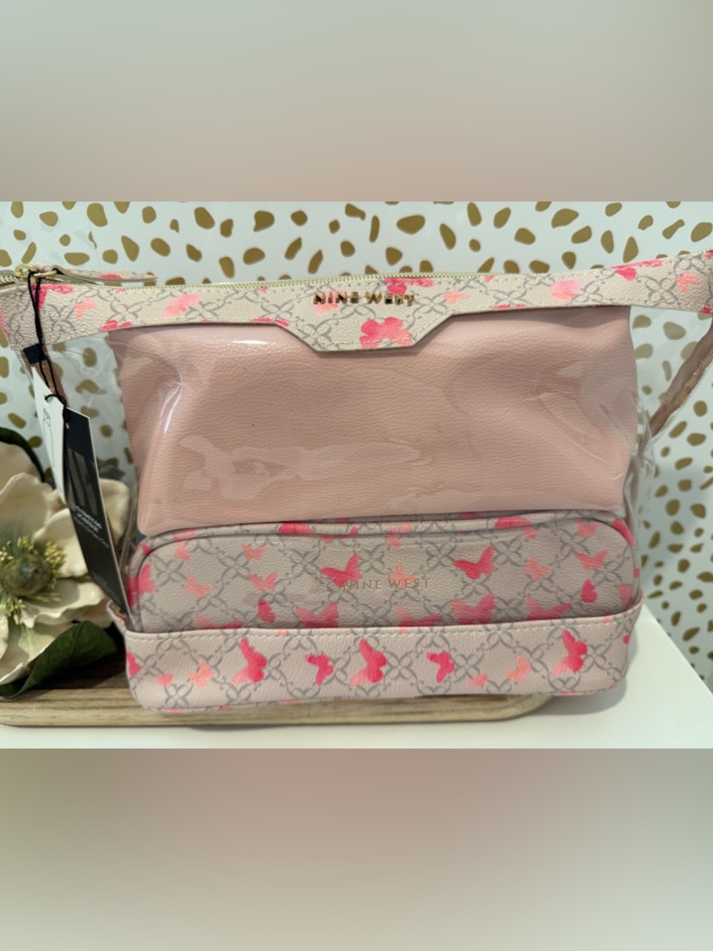 Nine West Pink Floral & Butterfly Print Cosmetic Bag Trio